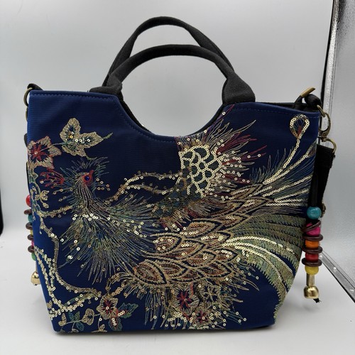 Vintage Lady Sequin Handbag Canvas Bag Peacock Embroidery Chinese Banquet Ethnic - Picture 7 of 11