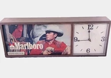Vtg Marlboro Man Lighted Wall Clock Sign Cowboy Country Philip Morris 26"x10"