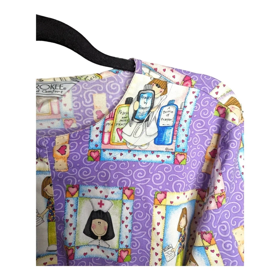 Cherokee Purple Cartoon Medical Nurse Doctor Womens Scrub Top Size Medium  - Image 2 of 4