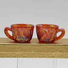 Mosser Miniature Marigold Carnival Glass Punch Cups Strawberry Pattern Set of 2