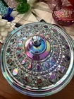 Vintage Indiana  blue Carnival Glass Iridescent Diamond Windsor candy dish
