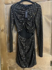 Ladies/ Teens Pretty Little Thing Cut Out Waist Gold Sequin Dress Size 8 Party 
