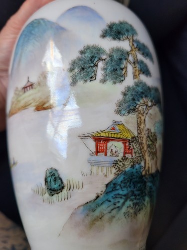 Vintage Chinese Jingdezhen Porceline Poem Vase Landscape Scene 8.75" Signed - Picture 10 of 24