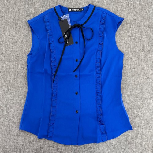 Allegra K Cute Ruffled Button Down Top Blue Black XS Tie Neck Sleeveless.