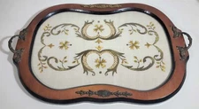 Vintage Mahogany Double Handled Embroidered Silk Tray c 1950