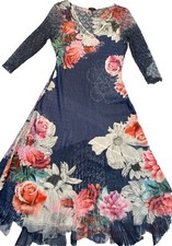 KOMAROV Signature Lace Sleeve Crinkle Charmeuse Floral MidiDress USA Sz L Fairy