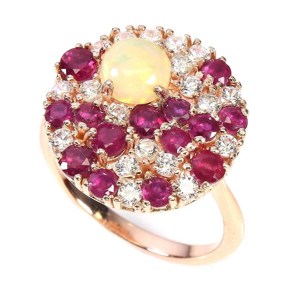 925 Anello Argento Sterling Rotondo Fuoco Opale Rubino Naturale Gemma Misura 7 - Immagine 2 di 4