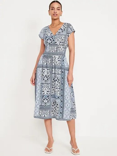 Old Navy Waist Defined Smocked Midi Dress XXL Tall Blue White Print