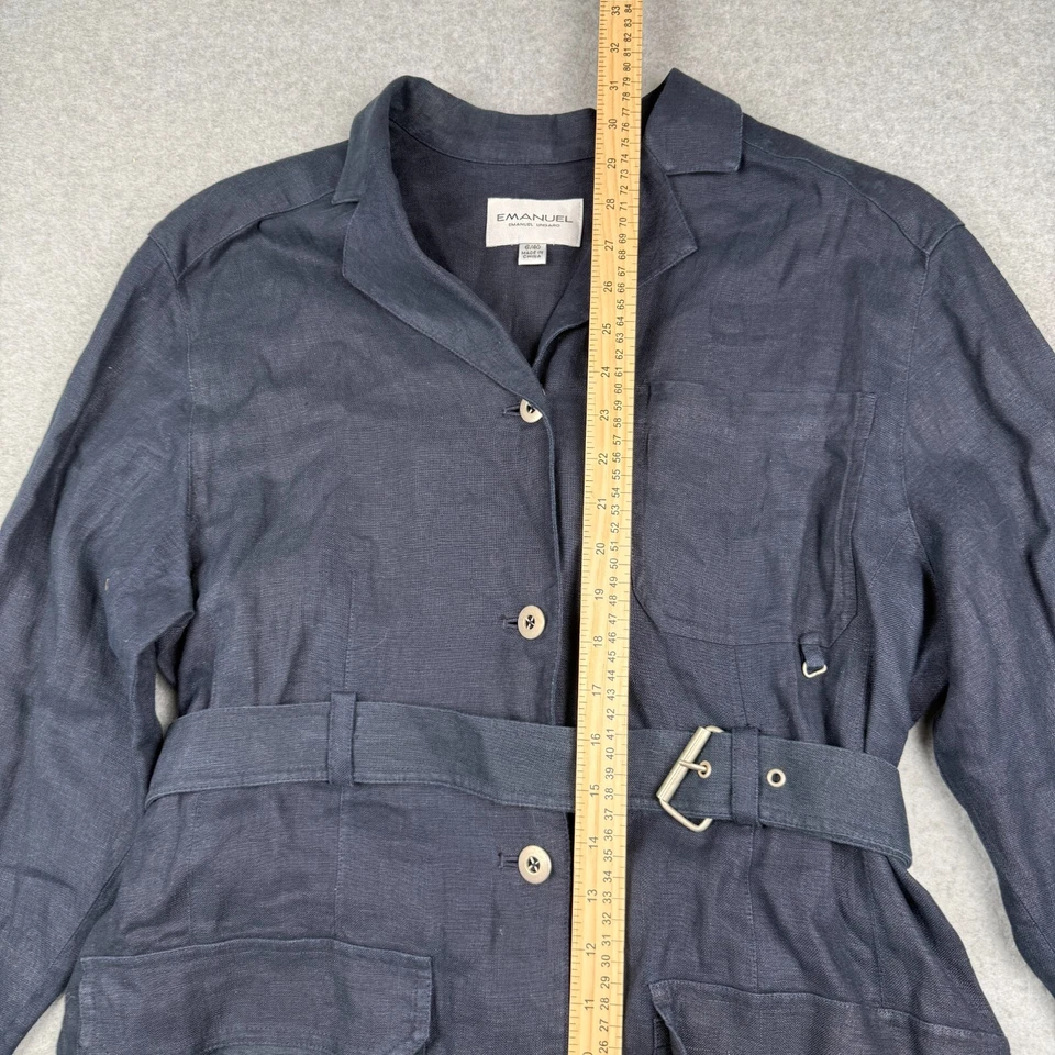 Vestido camisa Emanuel Ungaro 100% linho com cinto bolsos azuis colarinho tamanho 6/40 - Imagem 3 de 4