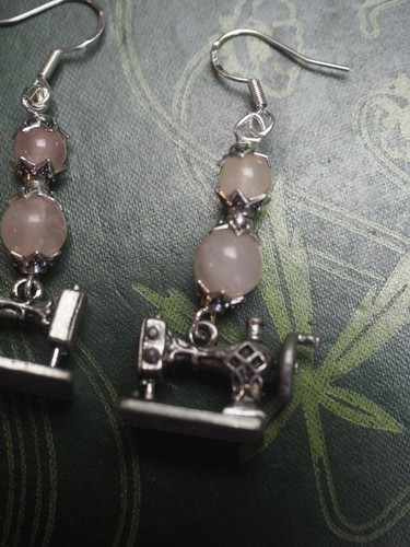 Sewing Machine & Rose Quartz Earrings - Silver Earwires - Cottage Core - Picture 3 of 4
