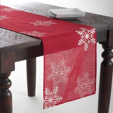 Embroidered White Snowflake Red Table Runner   Available in 5 Sizes