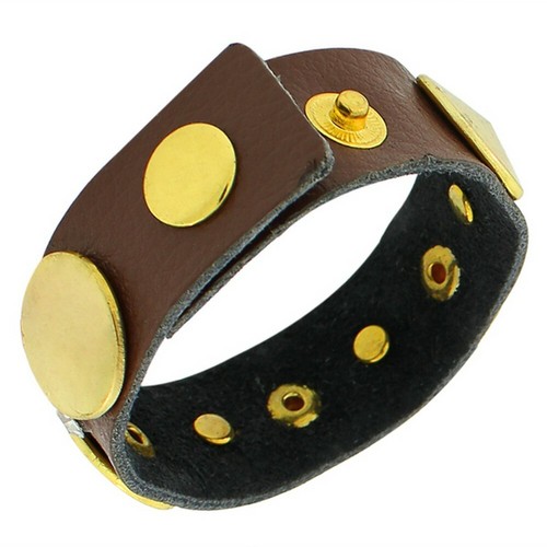Faux Brown Leather Yellow Gold-Tone White CZ Wristband Wrap Bracelet - Picture 2 of 4