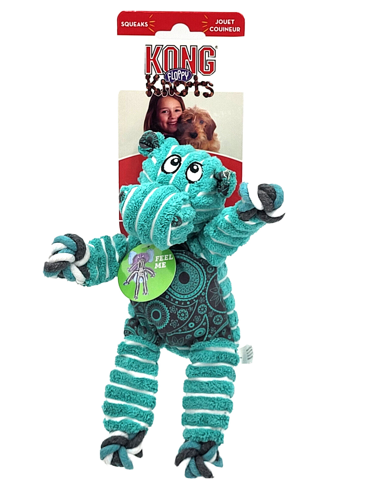 Kong Floppy Knots Hippo Small/Medium Squeaky Rope Tug & Shake Dog Toy 9"