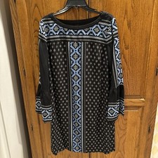 New W/O Tags LOFT Women’s Dress Black With Blue/White Geometric Pattern Sz Large