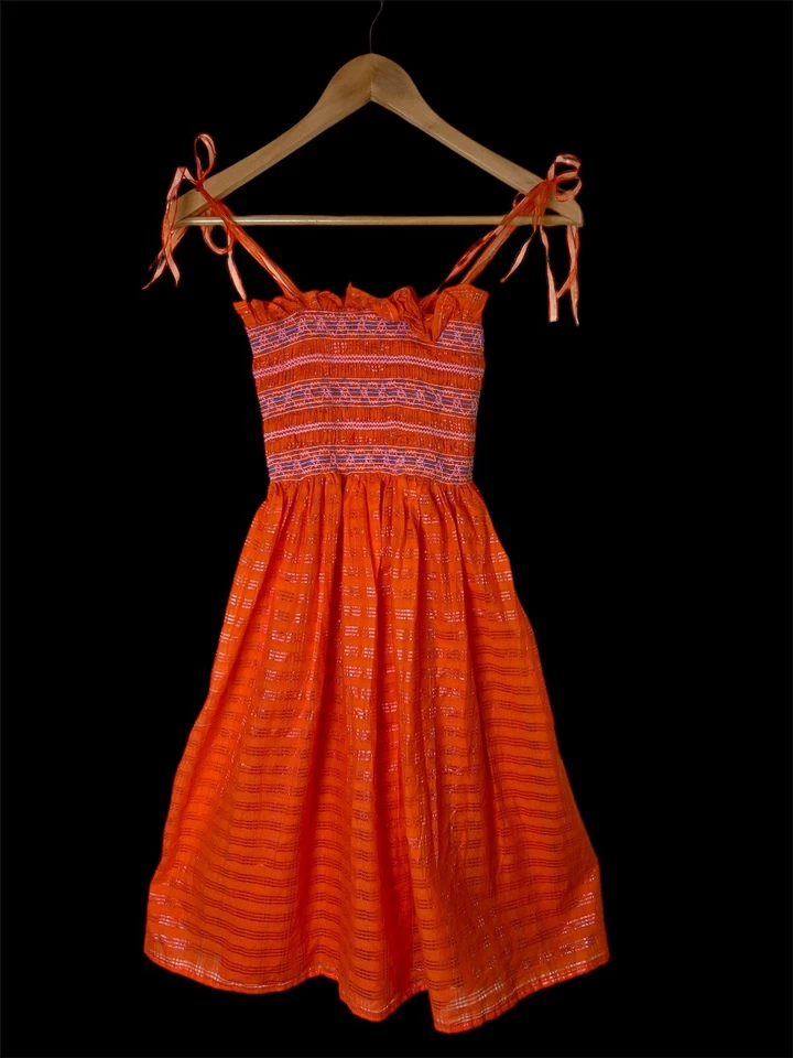 Homemade Girls Dress Size Possible 5 Orange Metallic Smocked  Shoulder Ties - Image 2 of 4