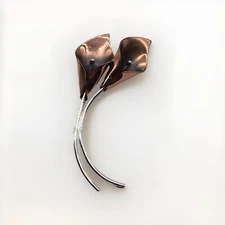 Stuart Nye Signed Copper & Silver Calla Lily Double Flower Brooch Pin
