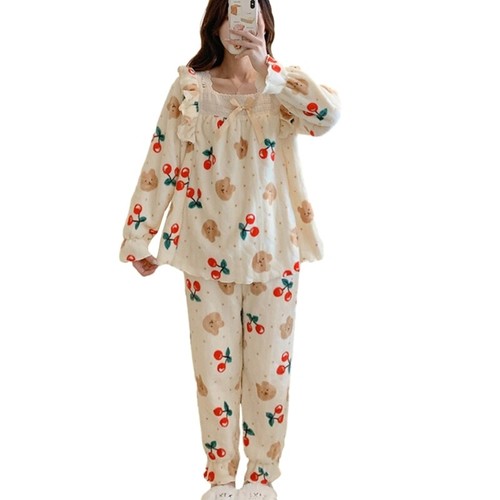 Winter Warm Women Flannel Pajamas Set lace Trim Frill Square Neck Top and Pants - Picture 12 of 28