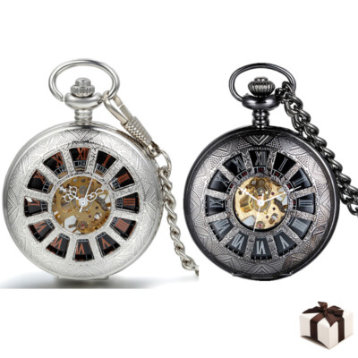 Vintage Mechanical Steampunk Skeleton Hallow Case Pocket Watch for Men with Box