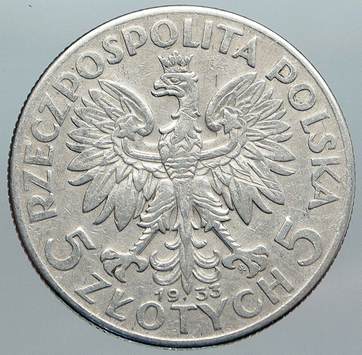 1933 POLAND Queen Jadwiga & Eagle Polish Antique Silver 5 Zlotych