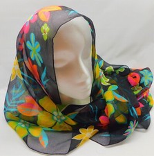 Vintage Elegant Liz Claiborne Vibrant Floral  Black Long Scarf