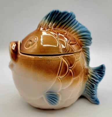 Ceramic Pottery Glazed Tropical Blue Fin Fish Shaped Canister Fresh Seal Lid 