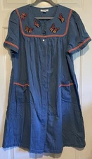 Go Softly Patio Button Up Muumuu Dress Butterflies Size Large 100% Cotton Womens