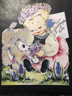 Biglietto di auguri pasquale vintage grande segno distintivo unilaterale dieCut dolce ragazza agnello floccato