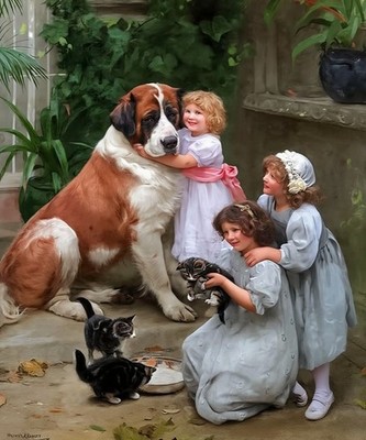 FAMILY FAVOURITES NEVER MIND GIRLS DOG KITTENS CATS PAINTING ARTHUR ELSLEY REPRO