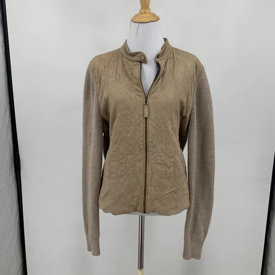 Chaqueta Tory Burch Mujer XL Extra Grande Piedra Lana Merino Cuero Gamuza Acanalada Foto 2 de 4