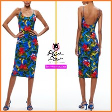 Alice + Olivia Delora Floral Blue Red Multi Fitted Midi Dress SIZE 12