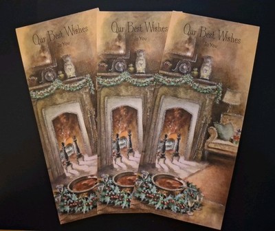 Vtg Christmas Home Fireplace Holly Glitter Cards/Env Set Of 3 Festival 