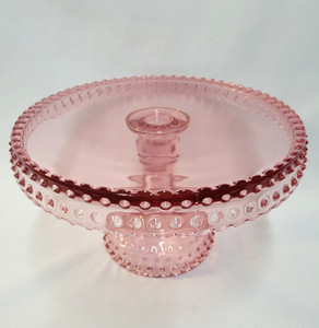 L E Smith Vtg Pink Hobnail Scalloped Pedestal Cake Plate Stand 8.5"dia