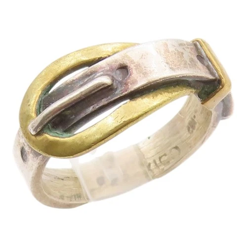 925 Sterling Silver Vintage Ring MEXICO Two Tone Belt Buckle Band Sz 6.5 RG36313