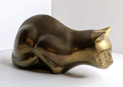 Vintage Crouching Brass Cat Statue 9" Mid Century Made in Korea