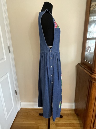 Vintage 1980’s Denim Jumper Dress Maxi Wmns S Art To Wear Hand Painted Floral - Picture 10 of 17