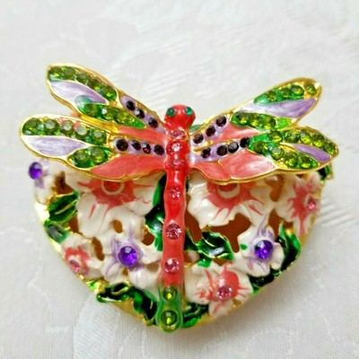 DRAGONFLY HEART BOX SWAROVSKI CRYSTAL BEJEWELED ENAMELED HINGED TRINKET BOX