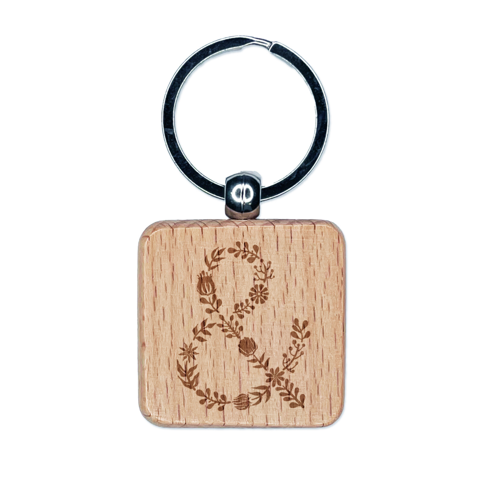 Elegant Floral Ampersand Engraved Wooden Square Keychain Charm  