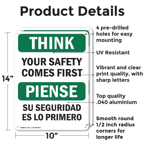 (2 Pack) Your Safety Comes First Bilingual OSHA Think Sign Decal Metal Plastic - Picture 2 of 22