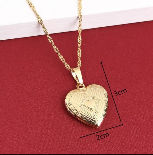 24K Gold Plated Small Heart Locket Pendant Necklace Photo Picture 18” N64 - Picture 2 of 6