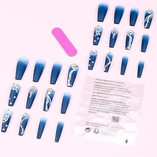 Long Press on Nails Blue Black Ombre Long Fake Nails Coffin Press on design-8 - Picture 6 of 6