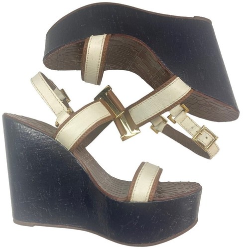 Tory Burch Damen-Plateausandalen Größe 11 weiß braun Keilabsatz Urlaub Sommer S-8 - Bild 6 von 12