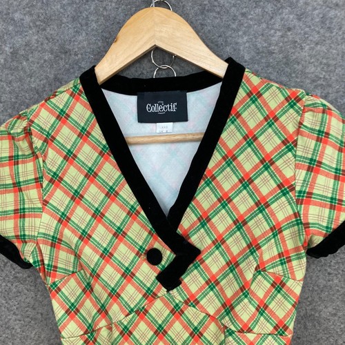 Collectif Womens Dress Size 2XS 6 Plaid Short Sleeve V-Neck Pockets A-Line 46816 - Picture 5 of 13