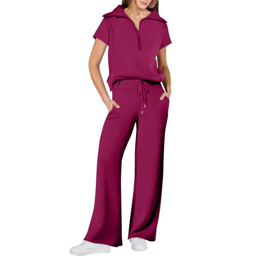 Women's 2 Piece Set Zipper Short Sleeved Sweatshirt Wide-leg Pants Sports Suit - Picture 31 of 57