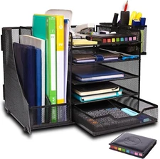 5-Tier Paper Letter Tray Organizer with File Holder - Desk Organizer with Drawer