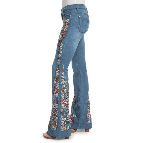 Embroidered Slim Fit Flared Jeans Bell Bottoms Stretchy Denim Pants Women - Picture 4 of 16