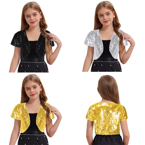 Girls Glitter Bolero Shrug Sequins Jacket Cape Open Front Cardigan Disco Dance - Picture 2 of 19