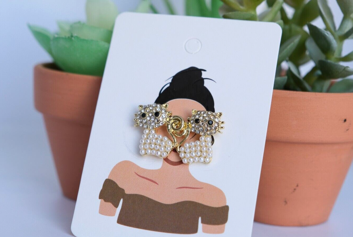Gold Tone Imitation Pearl Rhinestone Studded Cat Earrings eBay