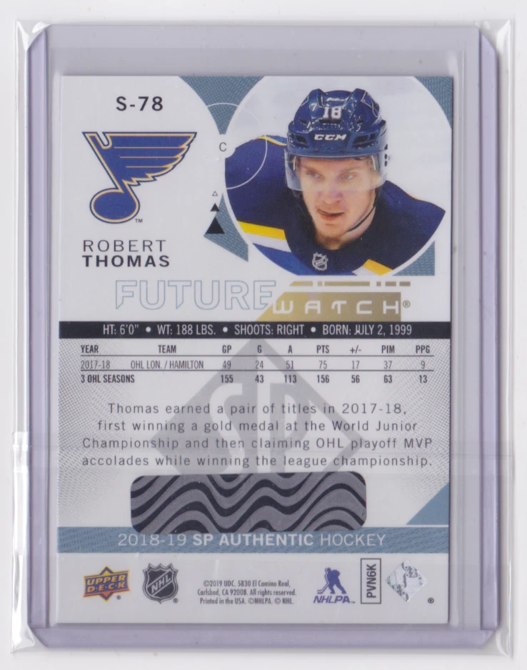2018-19 UD SP AUTHENTIC FUTURE WATCH SPECTRUM FX ROBERT THOMAS #S-78 BLUES - Image 2 of 2