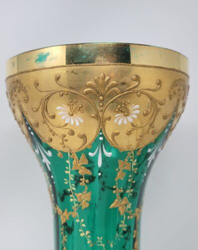 ANTIKE TSCHECHISCHE/BÖHMISCHE 14 1/2" SMARAGDGRÜN & GOLD EMAILLIERTE HANDGEBLASE VASE - Bild 2 von 18