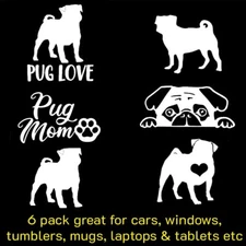 Pug Love 6 pack 3" White Vinyl Decals Car Windows Laptop Tumblers Tablet Mugs